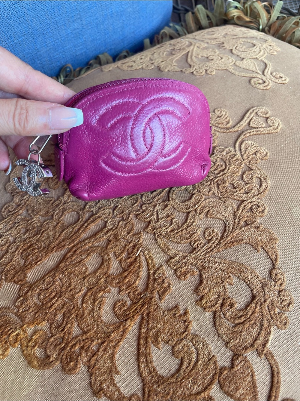 CHANEL Pink Quilted Caviar Leather Coin Pouch with CC Charm